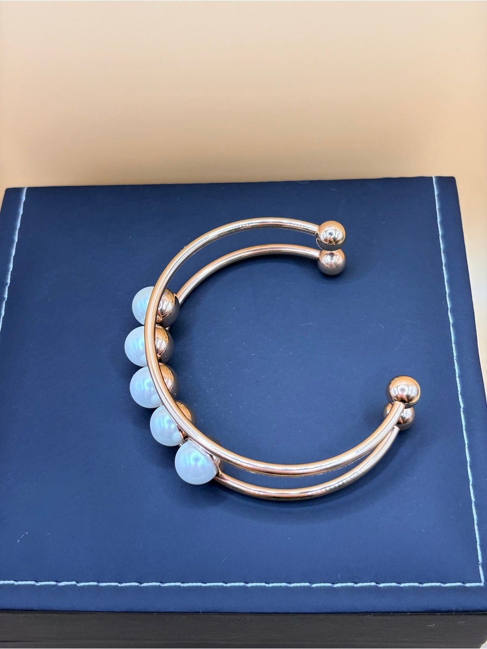Classic Glass Pearl Accent Cuff Bracelet - Gold Tone - Picture 7 of 8
